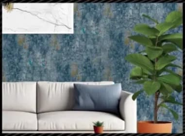 Blue textured wallpaper with golden leaf motifs.